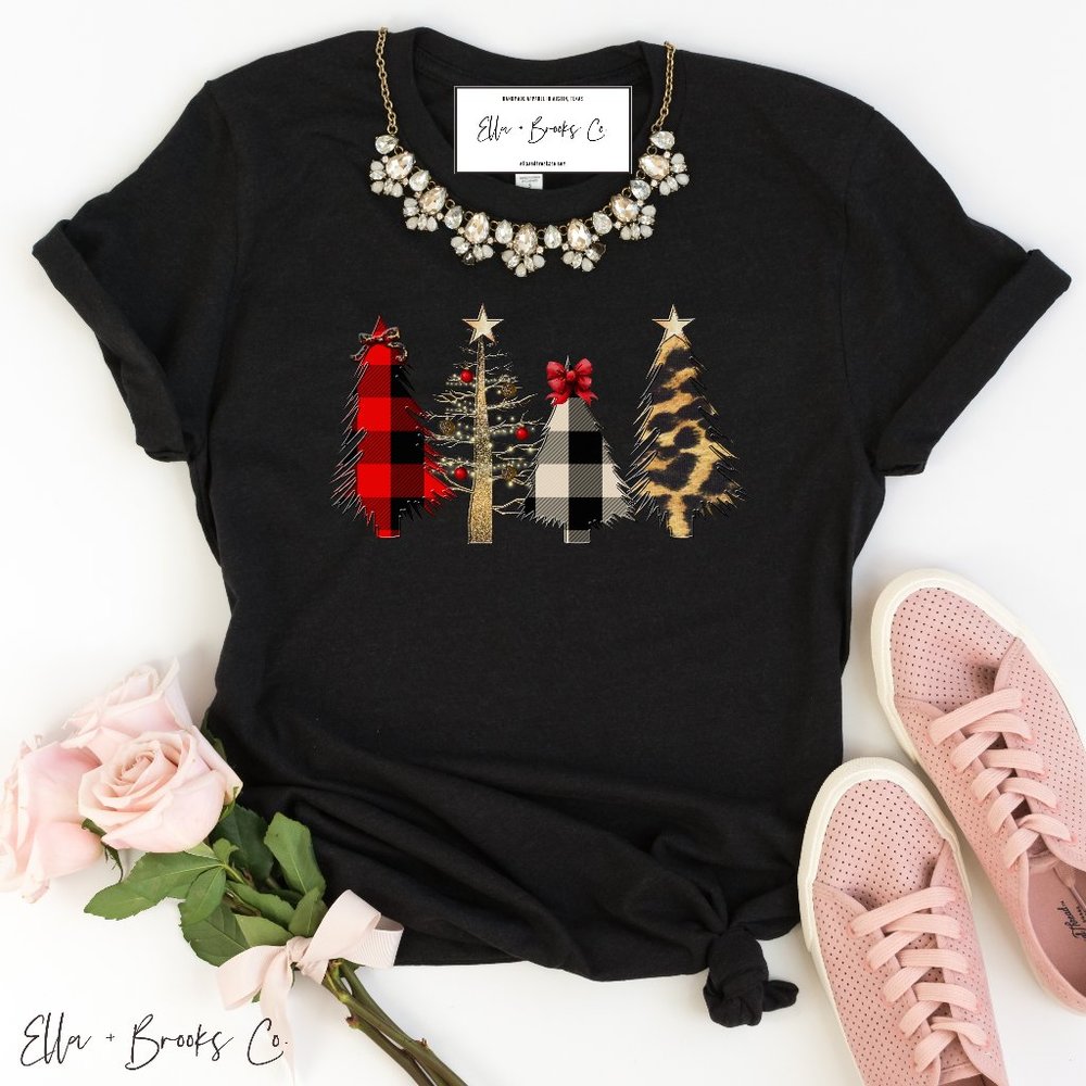NEW Buffalo Plaid Leopard Print Christmas Tree Tee